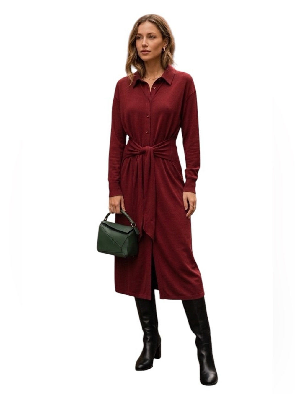Jason Wu Shirt Dress Long Sleeve Knit Cabernet Red Belted Sz M